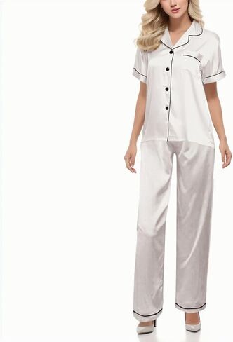 Pajama Sets For Women 2 Piece Pants Short Sleeve Button Down Shirt Nightwear Silk Satin Sleepwear Pj Lounge Set in Saudi Arabia