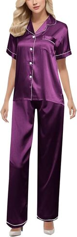 Pajama Sets For Women 2 Piece Pants Short Sleeve Button Down Shirt Nightwear Silk Satin Sleepwear Pj Lounge Set in Saudi Arabia