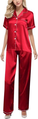 Pajama Sets For Women 2 Piece Pants Short Sleeve Button Down Shirt Nightwear Silk Satin Sleepwear Pj Lounge Set in Saudi Arabia