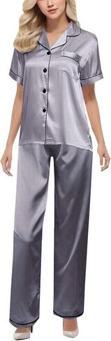 Pajama Sets For Women 2 Piece Pants Short Sleeve Button Down Shirt Nightwear Silk Satin Sleepwear Pj Lounge Set in Saudi Arabia