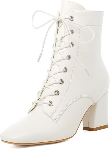 حذاء نسائي من COOLLULU بكعب عالٍ مكتنز ومقدمة مربعة حذاء من الجلد برباط وسحاب جانبي حذاء أنيق عتيق in Kuwait