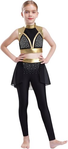 Kids Girls 2 Piece Jazz Hip Hop Dance Outfits Flash Diamond Sleeveless Crop Top And Skating Leggings Pants Set Gold 6 Years in Saudi Arabia