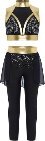 Kids Girls 2 Piece Jazz Hip Hop Dance Outfits Flash Diamond Sleeveless Crop Top And Skating Leggings Pants Set Gold 6 Years in Saudi Arabia
