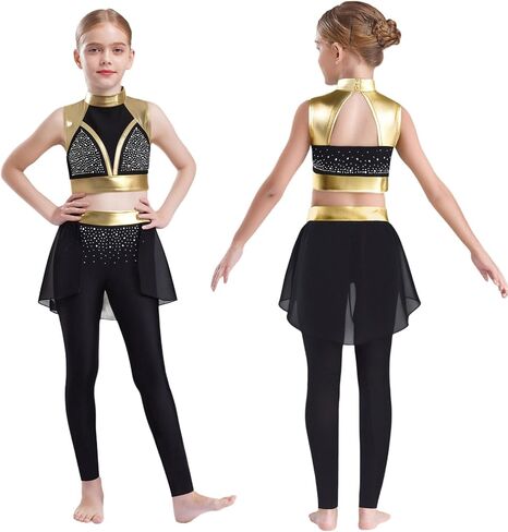 Kids Girls 2 Piece Jazz Hip Hop Dance Outfits Flash Diamond Sleeveless Crop Top And Skating Leggings Pants Set Gold 6 Years in Saudi Arabia