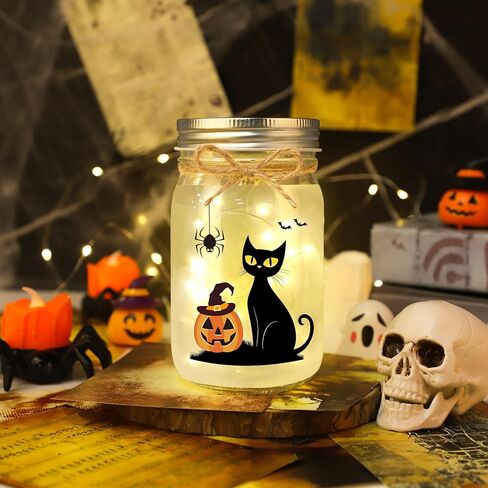 Halloween Gifts for Women Halloween Decor for Mantel Room Office Centerpieces for Table Pumpkin Light for Friends Coworker Teachers Cute Black Cat Mason Jar Light in Saudi Arabia