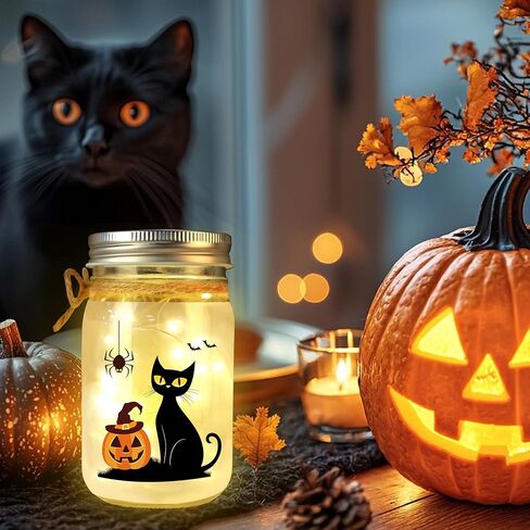 Halloween Gifts for Women Halloween Decor for Mantel Room Office Centerpieces for Table Pumpkin Light for Friends Coworker Teachers Cute Black Cat Mason Jar Light in Saudi Arabia