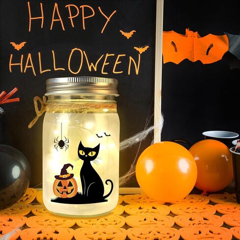 Halloween Gifts for Women Halloween Decor for Mantel Room Office Centerpieces for Table Pumpkin Light for Friends Coworker Teachers Cute Black Cat Mason Jar Light in Saudi Arabia