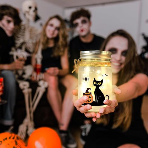 Halloween Gifts for Women Halloween Decor for Mantel Room Office Centerpieces for Table Pumpkin Light for Friends Coworker Teachers Cute Black Cat Mason Jar Light in Saudi Arabia