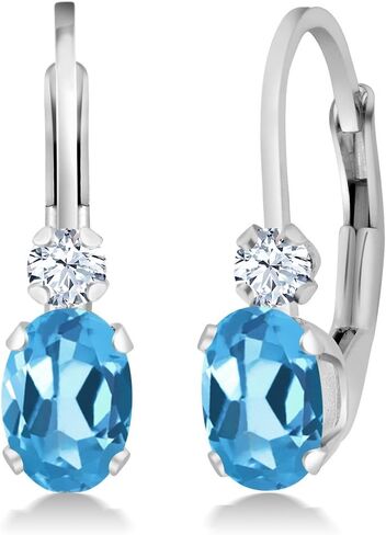 Gem Stone King 925 Sterling Silver Sky Blue Aquamarine & White Created Sapphire Leverback Earrings For Women (1.08 Cttw, Gemstone Birthstone, Oval 6X4MM, Round 2MM, 3/4 Inch) in Saudi Arabia