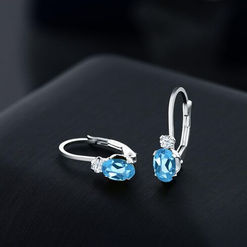 Gem Stone King 925 Sterling Silver Sky Blue Aquamarine & White Created Sapphire Leverback Earrings For Women (1.08 Cttw, Gemstone Birthstone, Oval 6X4MM, Round 2MM, 3/4 Inch) in Saudi Arabia