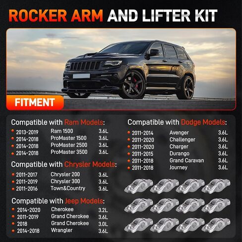 Rocker Arm و Lafter Kit 12pcs متوافق مع Chrysler 200 300 ، Dodge Avenger Challenger Charger Journey ، Jeep Grand Cherokee Wrangler ، RAM 1500 Promaster 3.6L يحل محل # 5184296AH 5184332AA in Kuwait