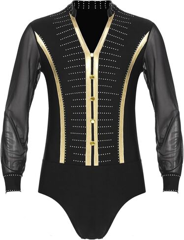 رجال راينستون الخامس رقص قمصان رقصة الوحدة تحديث قاعة طنانة لاتينية تانغو رومبا طويلة الأكمام يوتار للرقص (أسود ب ، 3XL) in Kuwait