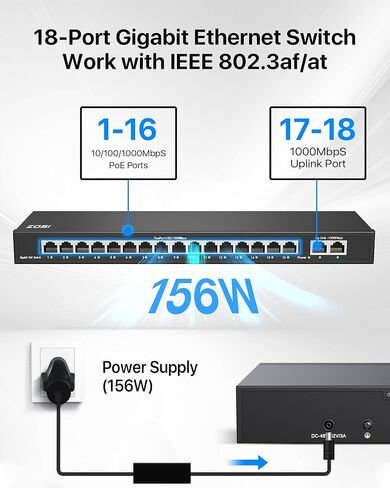 ZOSI 16 Port Gigabit PoE Switch with 2 Gigabit Uplink Ports, 156W for 16 PoE+ Ports, IEEE802.3af/at, Unmanaged Ethernet Switch, Plug & Play, Sturdy Metal Casing, Desktop/Wall Mount in Kuwait