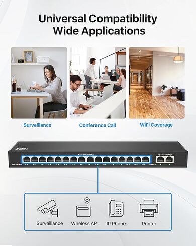 ZOSI 16 Port Gigabit PoE Switch with 2 Gigabit Uplink Ports, 156W for 16 PoE+ Ports, IEEE802.3af/at, Unmanaged Ethernet Switch, Plug & Play, Sturdy Metal Casing, Desktop/Wall Mount in Kuwait