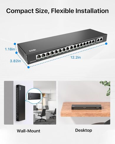 ZOSI 16 Port Gigabit PoE Switch with 2 Gigabit Uplink Ports, 156W for 16 PoE+ Ports, IEEE802.3af/at, Unmanaged Ethernet Switch, Plug & Play, Sturdy Metal Casing, Desktop/Wall Mount in Kuwait