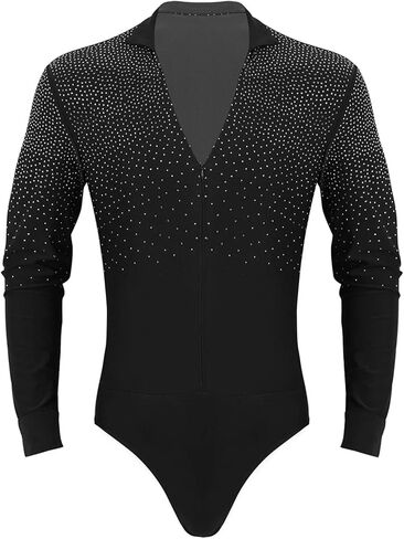 Mens Rhinestone V Neck Dance Shirts Unitard Ballroom Modern Latin Tango Rumba Long Sleeve Leotard Bodysuit Dancewear(Black A,L) in Saudi Arabia