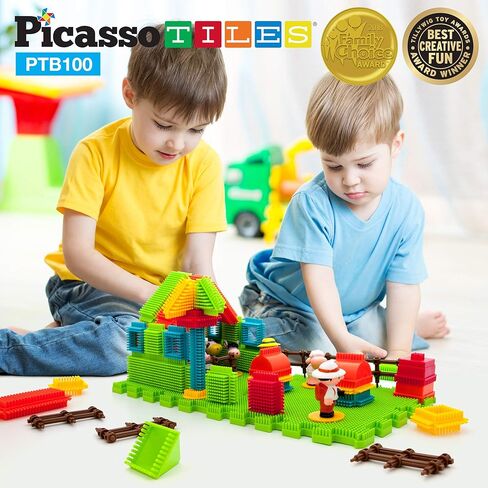 PicassoTiles PTB100 100pcs Bristle Shape 3D Building Blocks Tiles Farm Theme Set Learning Playset STEM Toy Set Educational Kit Child Branin Development Preschool Kindergarten Toy in Kuwait