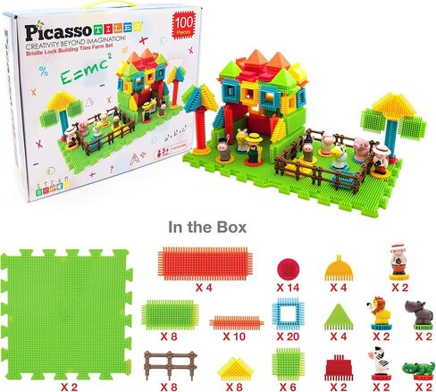 PicassoTiles PTB100 100pcs Bristle Shape 3D Building Blocks Tiles Farm Theme Set Learning Playset STEM Toy Set Educational Kit Child Branin Development Preschool Kindergarten Toy in Kuwait
