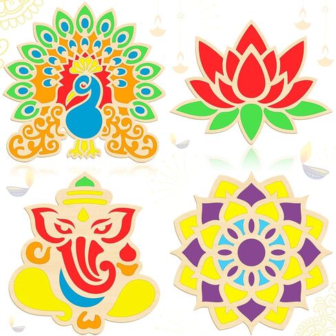 Bucherry 4 PCS Diwali DIY Floral Rangoli Mat Wooden Rangoli Template Mandala Lotus Elephant Peacock Stencils لوحات ديوالي الهندية للمنزل المهرجان الهندي التقليدي للعام الجديد in Saudi Arabia