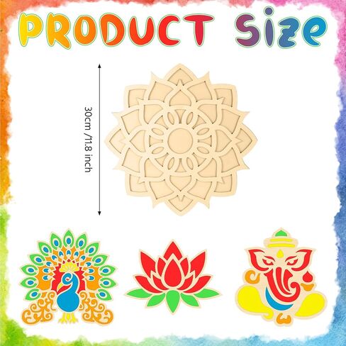 Bucherry 4 PCS Diwali DIY Floral Rangoli Mat Wooden Rangoli Template Mandala Lotus Elephant Peacock Stencils لوحات ديوالي الهندية للمنزل المهرجان الهندي التقليدي للعام الجديد in Saudi Arabia