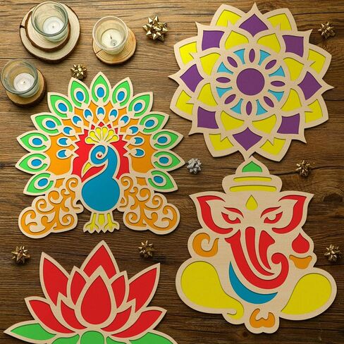 Bucherry 4 PCS Diwali DIY Floral Rangoli Mat Wooden Rangoli Template Mandala Lotus Elephant Peacock Stencils لوحات ديوالي الهندية للمنزل المهرجان الهندي التقليدي للعام الجديد in Saudi Arabia