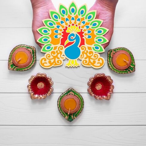 Bucherry 4 PCS Diwali DIY Floral Rangoli Mat Wooden Rangoli Template Mandala Lotus Elephant Peacock Stencils لوحات ديوالي الهندية للمنزل المهرجان الهندي التقليدي للعام الجديد in Saudi Arabia