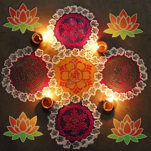 Bucherry 4 PCS Diwali DIY Floral Rangoli Mat Wooden Rangoli Template Mandala Lotus Elephant Peacock Stencils لوحات ديوالي الهندية للمنزل المهرجان الهندي التقليدي للعام الجديد in Saudi Arabia