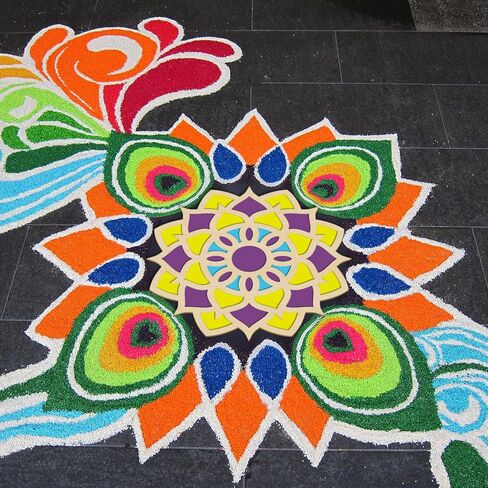Bucherry 4 PCS Diwali DIY Floral Rangoli Mat Wooden Rangoli Template Mandala Lotus Elephant Peacock Stencils لوحات ديوالي الهندية للمنزل المهرجان الهندي التقليدي للعام الجديد in Saudi Arabia