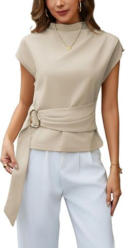 Yeokou Women Buckle Tie Top Stand Collar Belted Short Sleeve Elegant Summer Casual Blouse in Kuwait