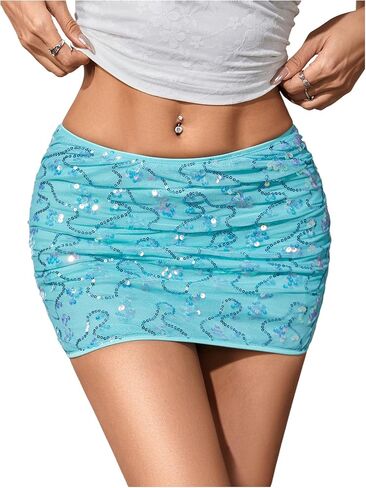 Makemechic Women's Sequin Mini Skirt Glitter Ruched Ruched Summer Factor Party Concert in Saudi Arabia