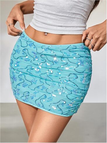 Makemechic Women's Sequin Mini Skirt Glitter Ruched Ruched Summer Factor Party Concert in Saudi Arabia