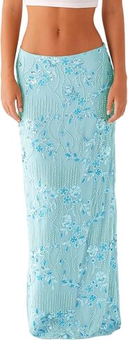 النساء y2k الترتر الطويل تنورة حبة الأزهار التطريز maxi تنورة منخفضة الخصر لا راينستون glitter bodycon نادي تنورة in Kuwait