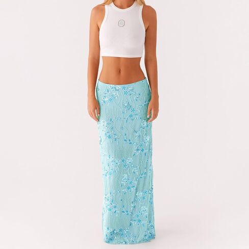 النساء y2k الترتر الطويل تنورة حبة الأزهار التطريز maxi تنورة منخفضة الخصر لا راينستون glitter bodycon نادي تنورة in Kuwait