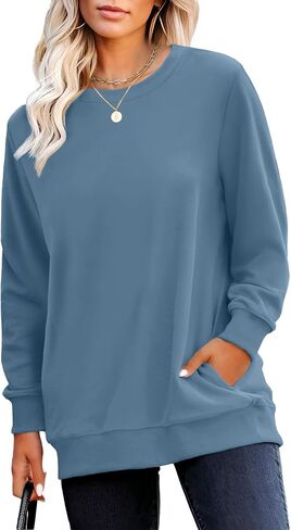 RUMIA Crewneck Fall Sweatshirts for Women Trendy- Women's Plain Long Sleeve Pullover Tops with Pockets Fashion in Kuwait