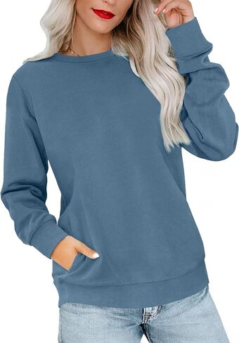 RUMIA Crewneck Fall Sweatshirts for Women Trendy- Women's Plain Long Sleeve Pullover Tops with Pockets Fashion in Kuwait