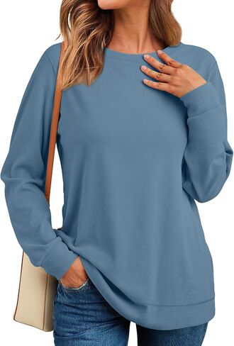 RUMIA Crewneck Fall Sweatshirts for Women Trendy- Women's Plain Long Sleeve Pullover Tops with Pockets Fashion in Kuwait