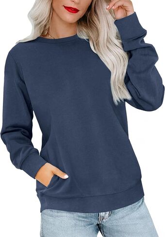 RUMIA Crewneck Fall Sweatshirts for Women Trendy- Women's Plain Long Sleeve Pullover Tops with Pockets Fashion in Kuwait