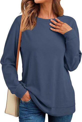 RUMIA Crewneck Fall Sweatshirts for Women Trendy- Women's Plain Long Sleeve Pullover Tops with Pockets Fashion in Kuwait