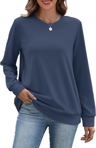 RUMIA Crewneck Fall Sweatshirts for Women Trendy- Women's Plain Long Sleeve Pullover Tops with Pockets Fashion in Kuwait