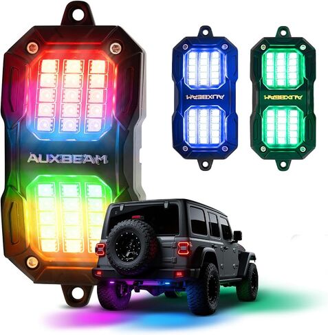 Auxbeam 8 PODS RGB LED ROCK LIGHTS W/MODE BRAKE ، ألوان ديناميكية تغيير العجلة بئر الأضواء W/Bluetooth App والتحكم عن بُعد ، مجموعة Music Sync Underglow Kit للشاحنات المقاومة للماء ، 1 سنة ضمان in Kuwait