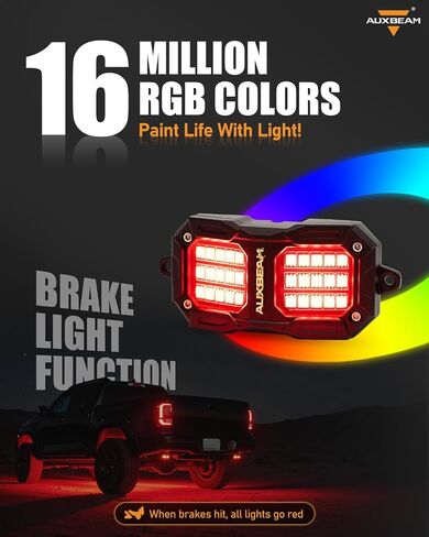Auxbeam 8 PODS RGB LED ROCK LIGHTS W/MODE BRAKE ، ألوان ديناميكية تغيير العجلة بئر الأضواء W/Bluetooth App والتحكم عن بُعد ، مجموعة Music Sync Underglow Kit للشاحنات المقاومة للماء ، 1 سنة ضمان in Kuwait