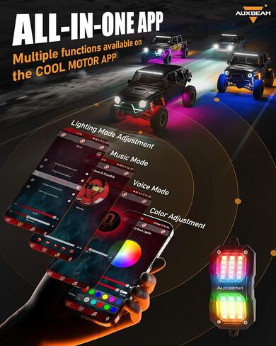 Auxbeam 8 PODS RGB LED ROCK LIGHTS W/MODE BRAKE ، ألوان ديناميكية تغيير العجلة بئر الأضواء W/Bluetooth App والتحكم عن بُعد ، مجموعة Music Sync Underglow Kit للشاحنات المقاومة للماء ، 1 سنة ضمان in Kuwait