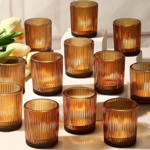 24 Pack Votive Candle Holders for Wedding Decor, Clear Glass DIY Wax Filling Romance Tealight Candle Holders, Vintage Stripe Tea Lights Candle Holder for Table Centerpieces（Clear,24） in Kuwait