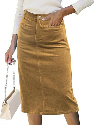 تنانير Luvamia Corduroy للنساء MIDI الطول المرتفع عالي الخصر الخريف المرن مرنة الخصر غير الرسمي جيوب ويلت الجيوب in Saudi Arabia