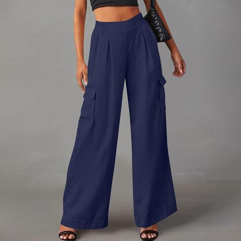 Wide Leg Cargo Pants for Women High Rise Elastic High Waist Long Pants Loose Fit Baggy Trousers with Pockets in Saudi Arabia