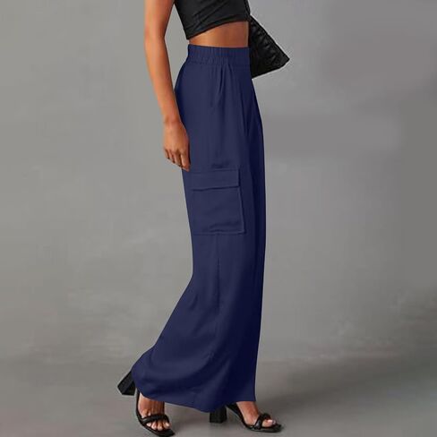 Wide Leg Cargo Pants for Women High Rise Elastic High Waist Long Pants Loose Fit Baggy Trousers with Pockets in Saudi Arabia