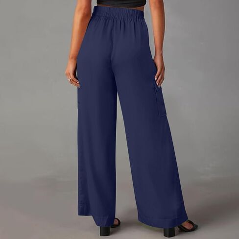 Wide Leg Cargo Pants for Women High Rise Elastic High Waist Long Pants Loose Fit Baggy Trousers with Pockets in Saudi Arabia