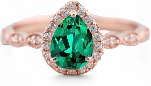 Pear Cut Emerald Engagement Ring, Vintage Rose Gold Ring, May Birthstone Diamond Halo Bridal Jewelry, Wedding Promise Ring Gifts, Green in Saudi Arabia