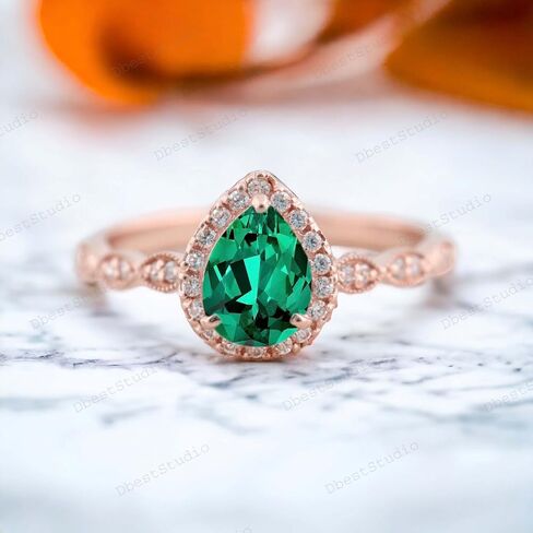 Pear Cut Emerald Engagement Ring, Vintage Rose Gold Ring, May Birthstone Diamond Halo Bridal Jewelry, Wedding Promise Ring Gifts, Green in Saudi Arabia