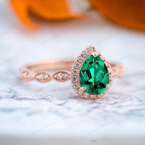 Pear Cut Emerald Engagement Ring, Vintage Rose Gold Ring, May Birthstone Diamond Halo Bridal Jewelry, Wedding Promise Ring Gifts, Green in Saudi Arabia